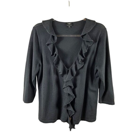 Talbots Petites Merino Wool Ruffle Lightweight Cardigan Sweater XLP Black Work - Picture 1 of 6